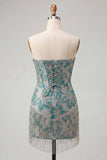 Lake Blue Sweetheart Corset Jacquard Lace Up Back Homecoming Dress with Fringes