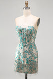 Sweetheart Corset Lake Blue Jacquard Lace Up Back Cocktail Dress with Fringes