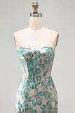 Sweetheart Corset Lake Blue Jacquard Lace Up Back Cocktail Dress with Fringes