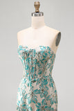 Sweetheart Corset Lake Blue Jacquard Lace Up Back Cocktail Dress with Fringes