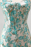 Sweetheart Corset Lake Blue Jacquard Lace Up Back Cocktail Dress with Fringes