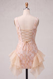 Champagne Jacquard Square Neck Lace Up Back Tight Homecoming Dress with Ruffles