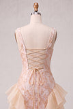 Champagne Jacquard Square Neck Lace Up Back Tight Homecoming Dress with Ruffles
