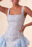 Champagne Jacquard Square Neck Lace Up Back Tight Homecoming Dress with Ruffles