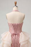 Light Pink Halter Neck Floral Lace Up Back Bodycon Homecoming Dress with Ruffles