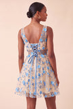 Blush V-Neck Floral A-Line Homecoming Dress with Lace Up Back