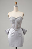 Silver Sweetheart Corset Lace Up Back Bodycon Homecoming Dress with Bow
