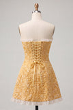 Sweetheart Yellow Jacquard A-Line Ruffled Lace Up Back Homecoming Dress with Slit