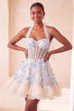 Light Yellow A-Line Ruffled Lace Up Back Sheer Corset Floral Homecoming Dress