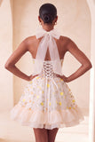 Light Yellow A-Line Ruffled Lace Up Back Sheer Corset Floral Homecoming Dress
