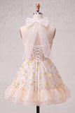 Light Yellow A-Line Ruffled Lace Up Back Sheer Corset Floral Homecoming Dress