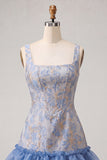 Blue Corset Square Neck Lace Up Back Jacquard Bodycon Homecoming Dress with Ruffles