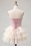 Pink Sweetheart A-Line Corset Jacquard Lace Up Back Tiered Homecoming Dress