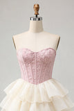 Pink Sweetheart A-Line Corset Jacquard Lace Up Back Tiered Homecoming Dress