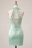 Halter Corset Bodycon Mint Green Ruched Short Homecoming Dress with Slit