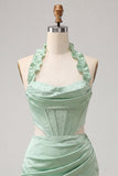 Halter Corset Bodycon Mint Green Ruched Short Homecoming Dress with Slit