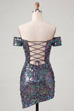 Sparkly Champagne Off The Shoulder Bodycon Homecoming Dress with Sequins