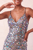 Sparkly Silver Bodycon Lace Up Back Short Homecoming Dress with Sequins