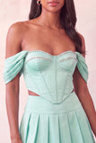 Off The Shoulder Light Pink Corset Pleated 2 Piece Homecoming Dress with Beading