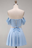 Off The Shoulder Light Pink Corset Pleated 2 Piece Homecoming Dress with Beading