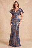 Navy V-Neck Mermaid Jacquard Floral Cut Out Long Evening Dress with Slit