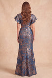 Navy V-Neck Mermaid Jacquard Floral Cut Out Long Evening Dress with Slit