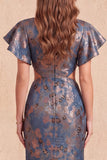 Navy V-Neck Mermaid Jacquard Floral Cut Out Long Evening Dress with Slit
