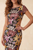 Black Mermaid Bateau Neck Floral Cut Out Long Formal Dress with Sequins