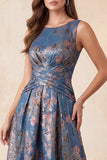 A-Line Navy Jacquard Floral Round Neck Ruched Long Formal Dress