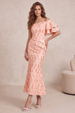 Peach Mermaid Sequins Ruched Midi Formal Dress with Flutter Sleeve
