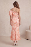 Peach Mermaid Sequins Ruched Midi Formal Dress with Flutter Sleeve