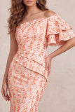 Peach Mermaid Sequins Ruched Midi Formal Dress with Flutter Sleeve