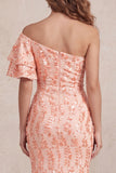 Peach Mermaid Sequins Ruched Midi Formal Dress with Flutter Sleeve