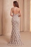 Champagne Mermaid Sequins Floral Spaghetti Straps Long Formal Dress with Slit