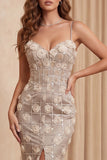 Champagne Mermaid Sequins Floral Spaghetti Straps Long Formal Dress with Slit