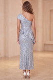 One Shoulder Dusty Blue Mermaid Sequins Ruffled Midi Formal Dress with Slit