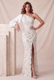 One Shoulder Light Grey Floral Mermaid Sequins Long Formal Dress with Slit