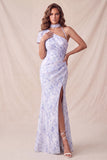 Chiffon Lilac Floral Mermaid Ruched Long Formal Dress with Slit