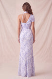 Chiffon Lilac Floral Mermaid Ruched Long Formal Dress with Slit