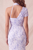 Chiffon Lilac Floral Mermaid Ruched Long Formal Dress with Slit