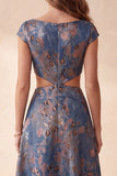 Navy Floral A-Line Jacquard Cut Out Bateau Neck Long Formal Dress with Cap Sleeves