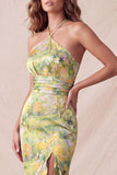 Yellow Halter Neck Floral Mermaid Ruffled Long Formal Dress with Slit