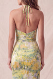 Yellow Halter Neck Floral Mermaid Ruffled Long Formal Dress with Slit