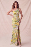 Yellow One Shoulder Floral Mermaid Ruched Long Formal Dress with Slit