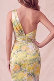 Yellow One Shoulder Floral Mermaid Ruched Long Formal Dress with Slit