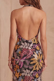 Black Sequins Floral Mermaid Halter Neck Long Formal Dress with Slit