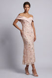 Off the Shoulder Mermaid Blush Beaded Midi Mother Of the Bride Dress