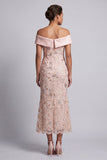 Off the Shoulder Mermaid Blush Beaded Midi Mother Of the Bride Dress