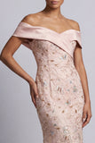 Off the Shoulder Mermaid Blush Beaded Midi Mother Of the Bride Dress
