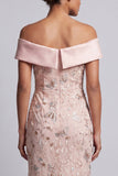 Off the Shoulder Mermaid Blush Beaded Midi Mother Of the Bride Dress